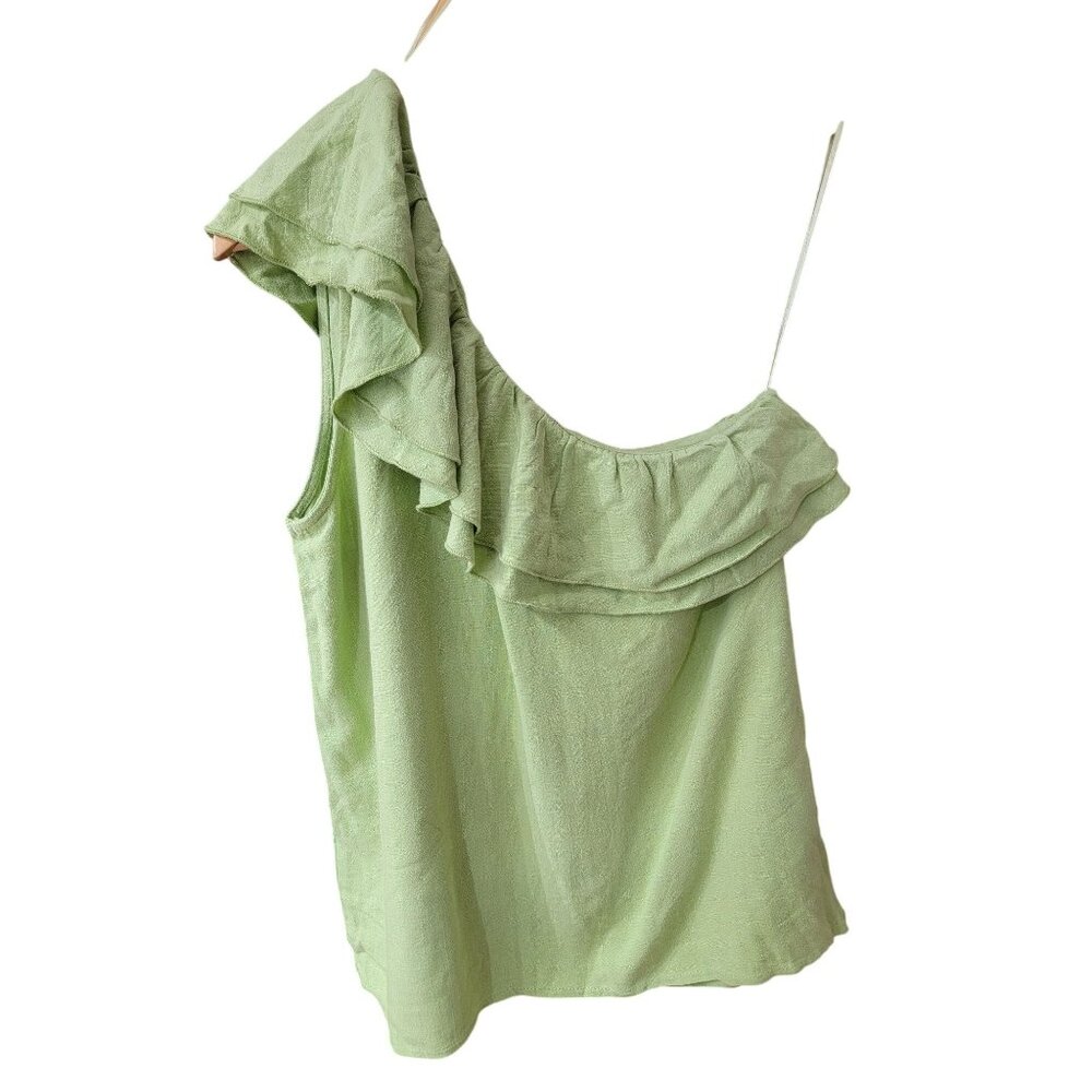 Green Ruffled One Shoulder Top Easy Clothes S Viscose/Linen Womens Blouse - Picture 2 of 5